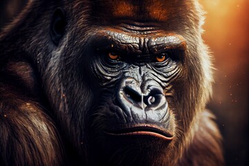 A gorilla with a red eye is in front of a dark background. Generative AI, Generative, AI