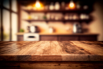 Brown wooden texture table over light blurred image of kitchen bench. kitchen blurred background. Generative AI