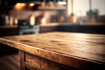 Fototapeta premium Brown wooden texture table over light blurred image of kitchen bench. kitchen blurred background. Generative AI