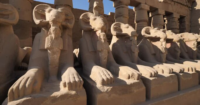 Ram headed sphinxes beyond the first pylon at Karnak Temple, Karnak, Egypt