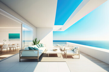 modern luxury apartment terrace overlooking to the ocean, generative ai