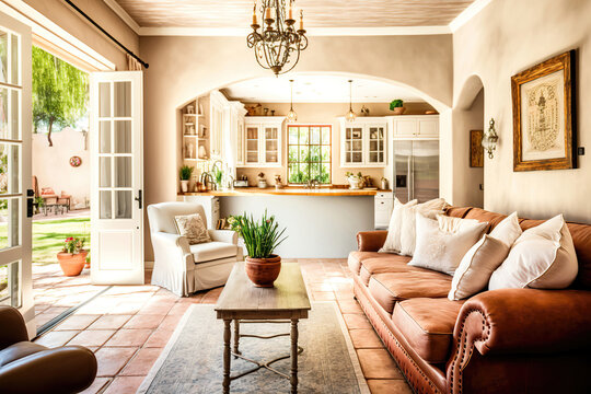 cozy mediterranean living room interior, generative ai
