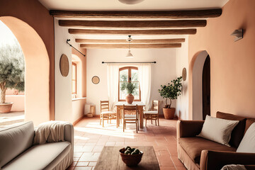 modern bright cozy mediterranean living room, generative ai