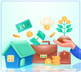 Finance. 3d vector illustration of house, wallet, bag and hand holding money tree