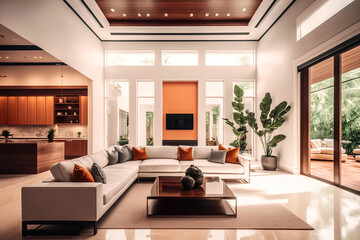 cozy modern bright light living room with sofa, generative ai