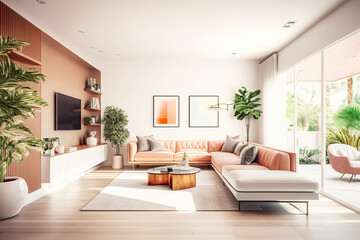 cozy modern bright light living room with sofa, generative ai