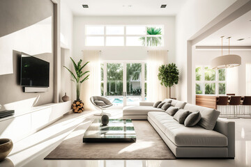 Fototapeta na wymiar cozy modern bright light living room with sofa, generative ai