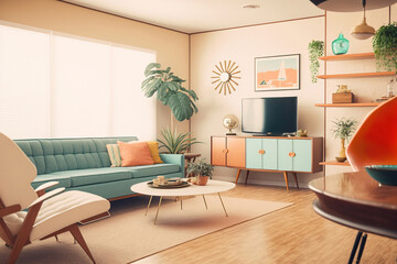 modern retro bright light living room, generative ai