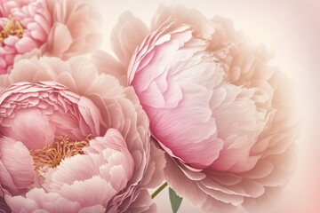 Pink peonies, copy space. Floral design for prints, postcards or wallpaper. AI
