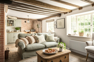cozy rural cottage living room interior, generative ai - obrazy, fototapety, plakaty