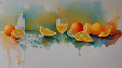 Watercolor still life of fresh oranges and juice on a white table. Generavive AI.