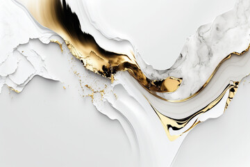 White marble background with gold splashes. AI - obrazy, fototapety, plakaty