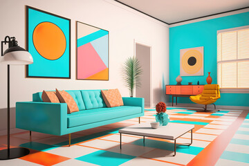 modern colorful living room, pop art design, generative ai