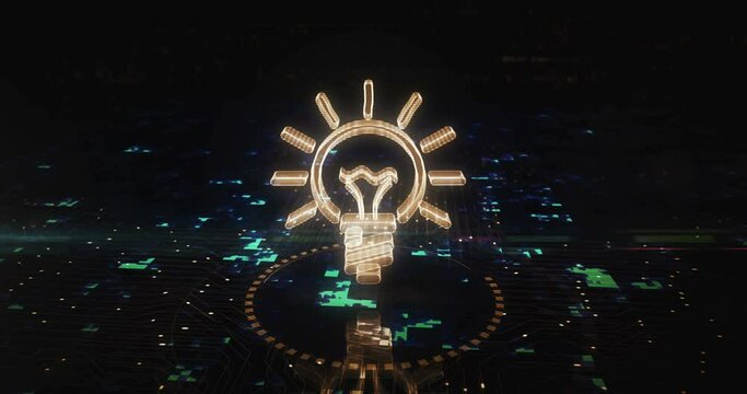 Bulb idea creative innovation and success inspiration hologram symbol appears on a digital background. Network, cyber technology and computer abstract concept 3d animation.