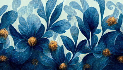 Blue Floral Motif Background Wallpaper AI Generated
