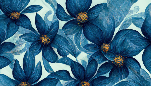 Blue Floral Motif Background Wallpaper AI Generated
