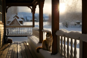 cat sitting on a snow-covered porch (AI Generated)