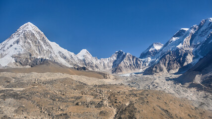 Glacial moraine and snowy peaks at Everest Base Camp in the Himalayas