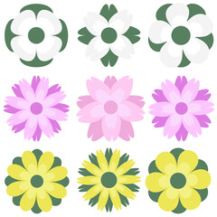 Fototapeta na wymiar A set of flat design vector pink, yellow, and green flowers.