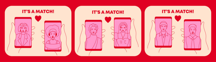 Online dating mobile app set. It's a match. Young man and woman searching for love with a Mobile phone application. Cartoon retro Doodle style vector illustration - obrazy, fototapety, plakaty