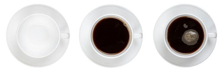 top view of white coffee cup, mug with hot black coffee isolated design element. flat lay.