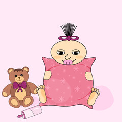 Baby with teddy bear hugs a pillow. World hug day. Creative baby shower invitation card.