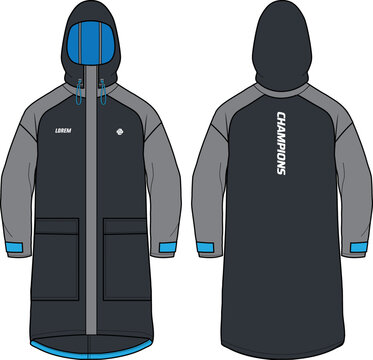 Long Sleeve All Condition Coat Hoodie Jacket Design Flat Sketch Illustration, Hooded Utility Rain Coat With Front And Back View, Winter Coat For Men And Women For Outerwear And Long Weather Jacket