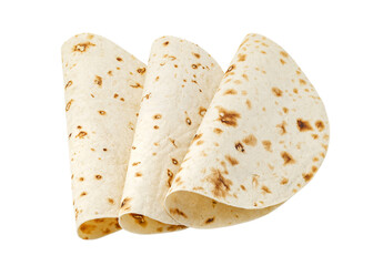 Pita bread cake, three pieces rolled in half, isolated on white background with clipping path