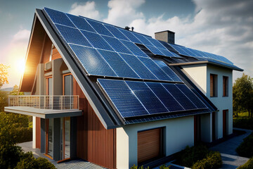 Fototapeta premium Solar panels on home residential roof. Green energy. Generative Ai