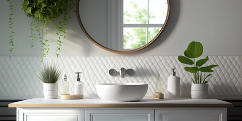 Fototapeta na wymiar 3D styled art illustration an empty white vanity counter with ceramic washbasin and modern style faucet in a bathroom with morning sunlight and shadow. Products display mockup. Generative Ai.