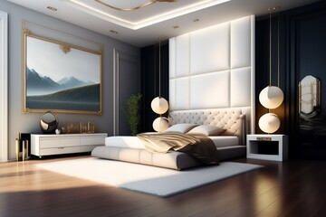 Modern and luxurious black and white bedroom in the house.