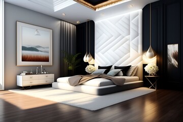 Modern and luxurious black and white bedroom in the house.