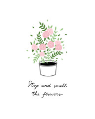 Pink roses vector clipart. Hand drawn floral card. Beautiful flowers in pot
