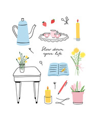 Home lifestyle hand drawn set. Cozy clipart with teapot, books, candles, coffee cups and flowers