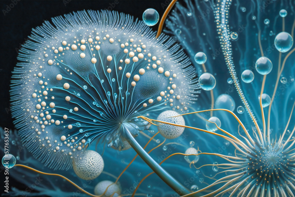 Poster dew drops on a dandelion plant macro. created with generative ai technology.