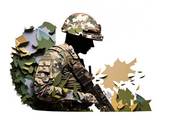 Soldier on battlefield, made from papier collage - War and army illustration - Ai, Ai Generative