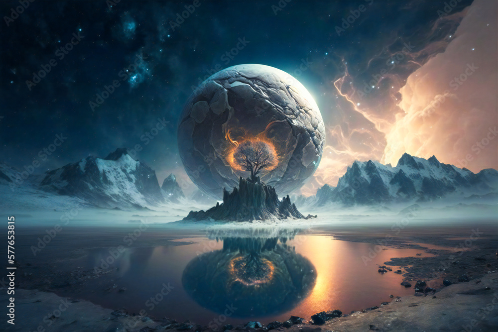Poster strange, bizarre ancient alien structure on an alien planet. created with generative ai technology.