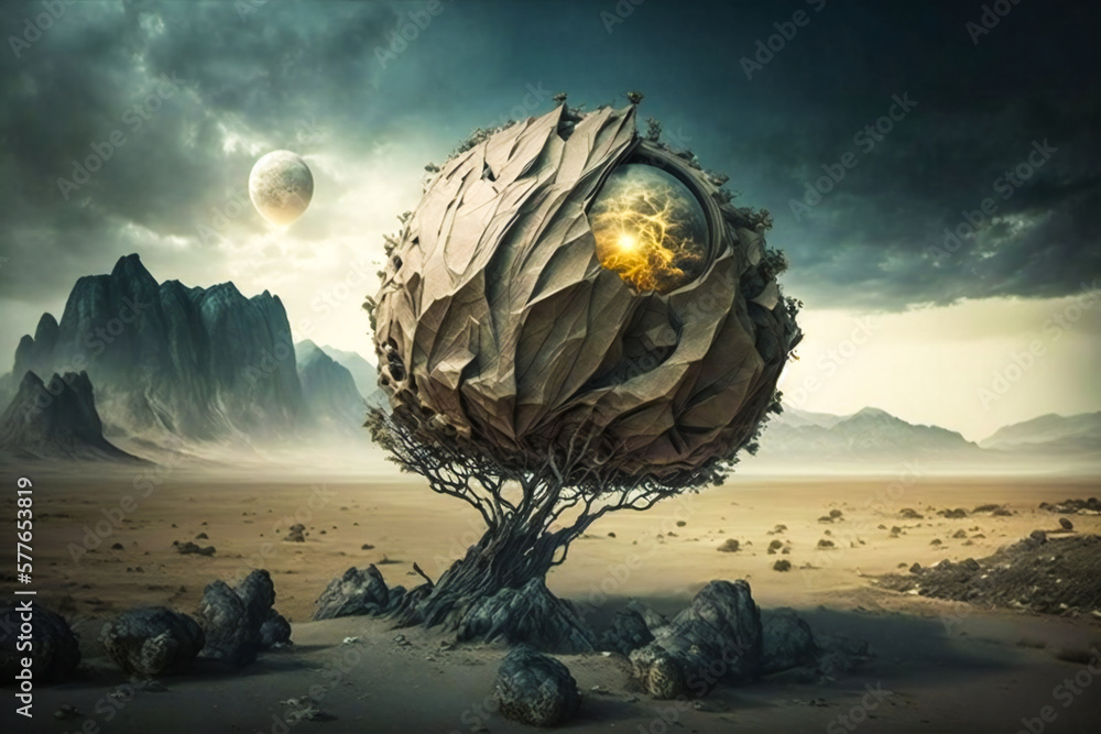 Poster strange, bizarre ancient alien structure on an alien planet. created with generative ai technology.