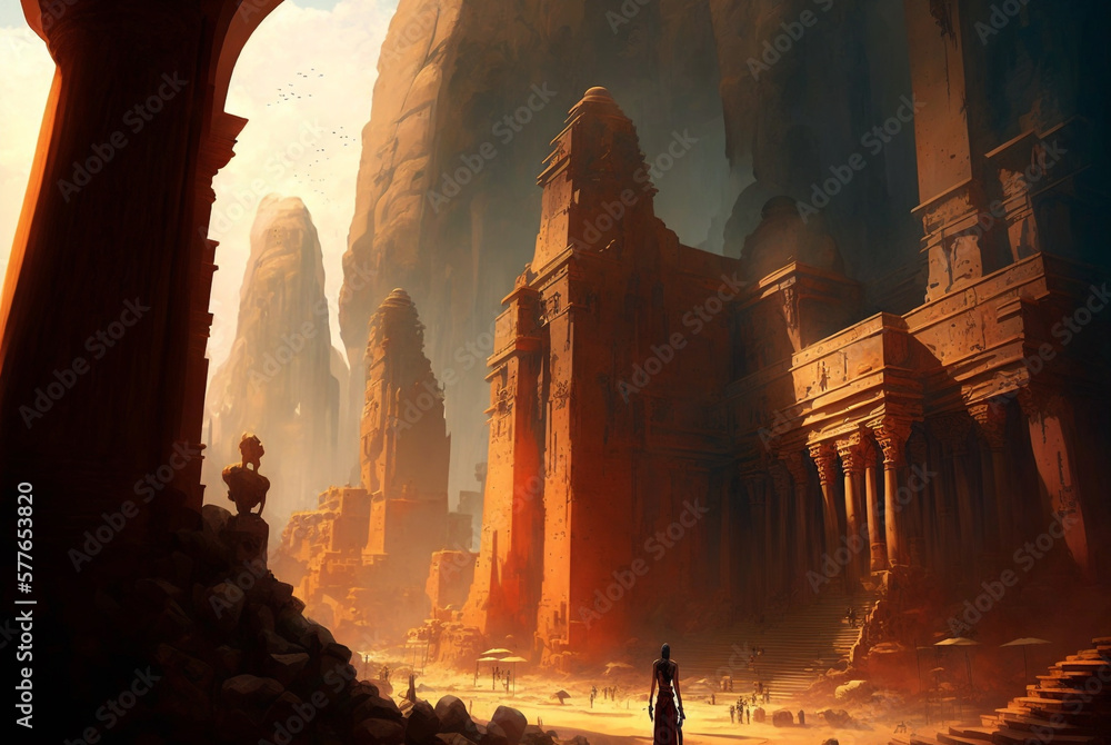 Poster ancient building in the desert. fictional. created with generative ai technology.