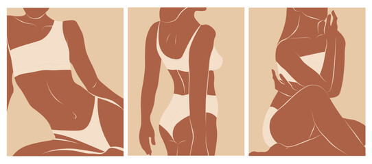 Beautiful set woman body silhouette art, beauty sketch figure girl in underwear or swimsuit beige color. Minimalist female figure. Abstract art. Vector illustration	