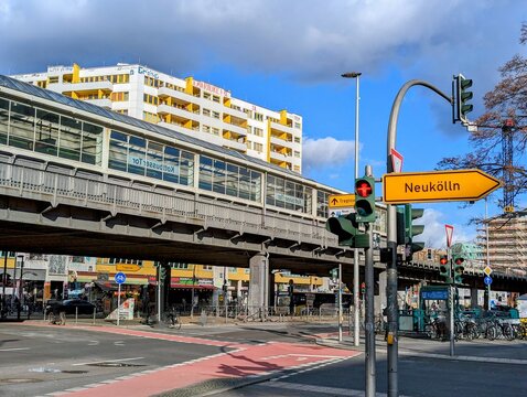 Berlin, 2023: Intersection at Kottbusser Tor in Kreuzberg with subway station and "Zentrum Kreuzberg" in the background