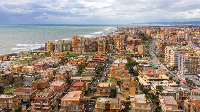Aerial view of Ladispoli. It is a town and comune in the Metropolitan City of Rome, Lazio, Italy. It is located on the Mediterranean Sea.