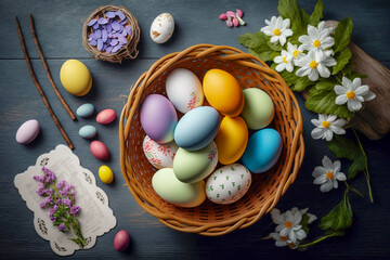 Obraz na płótnie Canvas Top view of colorful Easter eggs in basket with flowers on a table, decoration for easter, generative ai