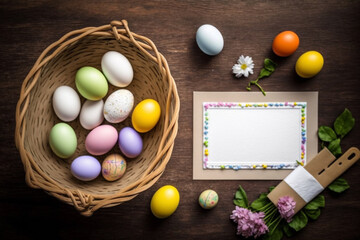 Fototapeta na wymiar Top view of colorful Easter eggs in basket with flowers on a table, frame with copy space, generative ai