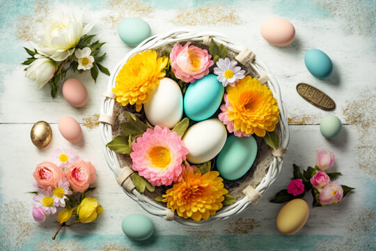 Top view of easter eggs with flowers in a basket on the table, generative ai