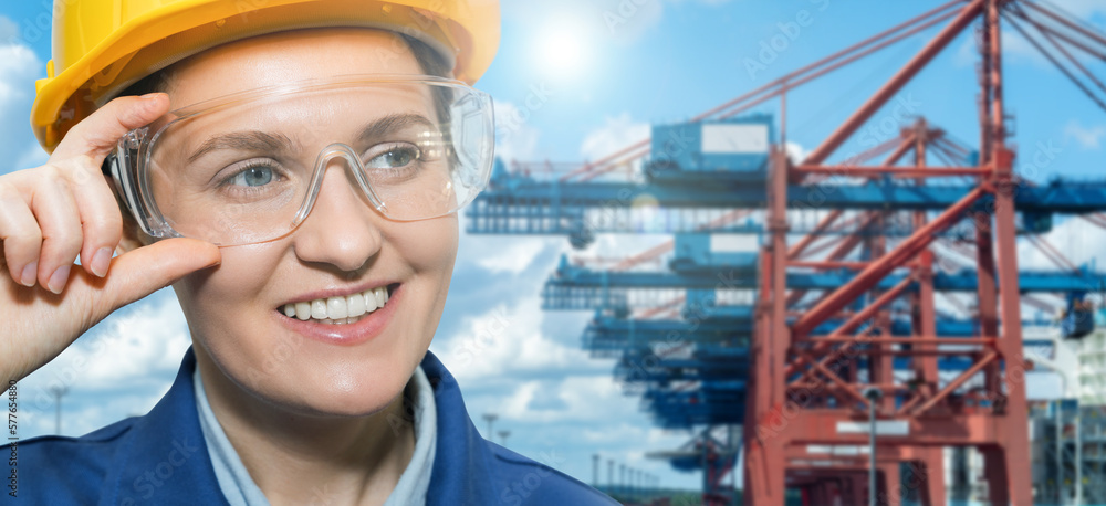 Aufkleber portrait of woman port manager in helmet and eyeglasses on a background of a ship loaded with contai