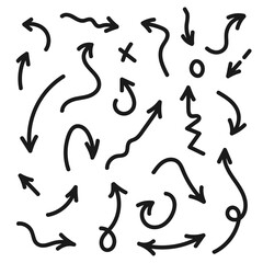 Vector hand drawn arrows set. Black sketch arrows in doodle style. Lines, circles and marks
