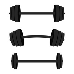Set of barbells. Black barbells for gym, fitness and athletic centre. Weightlifting and bodybuilding equipment