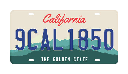 License plate isolated on white background. Abstract California license plate with numbers and letters