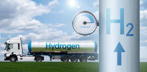 Hydrogen pipe with gauge on a background of truck with tank trailer. Hydrogen transportation concept
